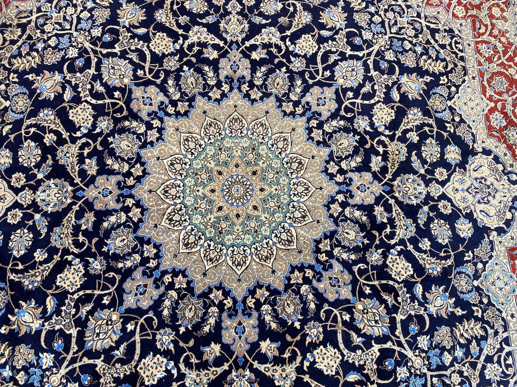 A North West Persian blue ground part silk rug, 220 x 217cm together with a similar smaller red ground rug